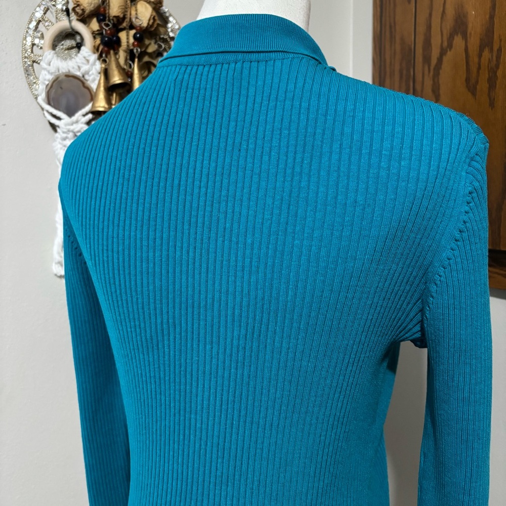 Vintage Y2K Teal Rhinestone 3/4 Sleeve Ribbed Top Shirt Size Small Cable & Gauge - Picture 5 of 10